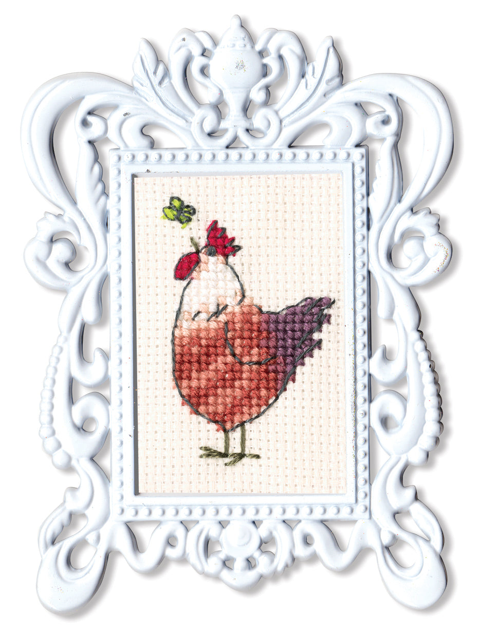 Cock with butterfly counted cross stitch kit featuring Aida fabric, DMC threads, and a frame.