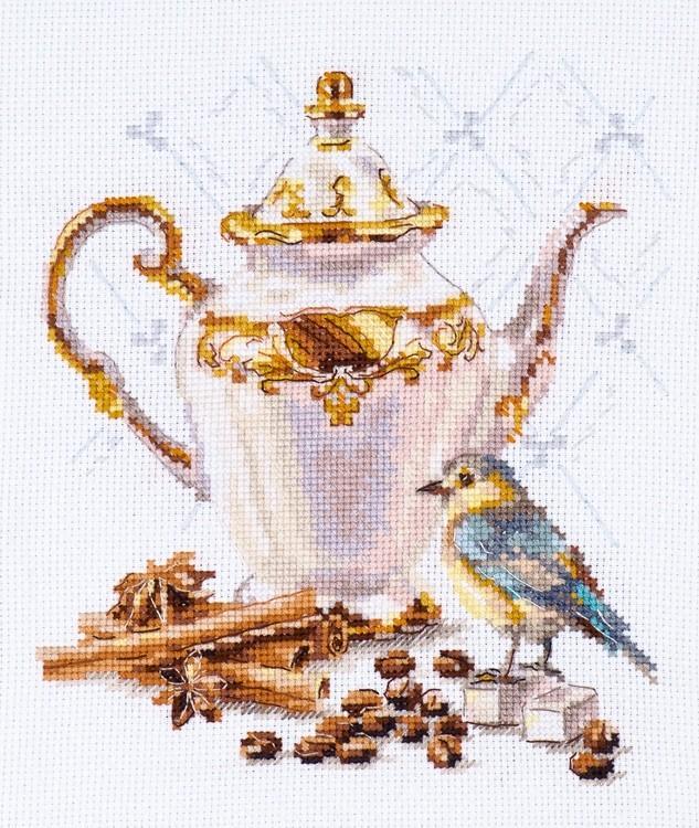 Coffee Connoisseur 5-21 Cross-stitch kit featuring white aida fabric, colorful threads, and an embroidery needle.