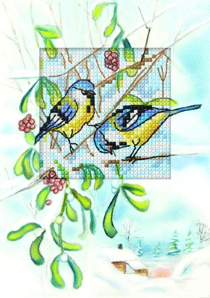 Complete counted cross stitch kit featuring Blue Titmice design, including fabric, threads, card, envelope, and needle.