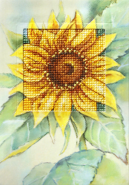 Complete counted cross stitch kit featuring a sunflower design, including Zweigart aida fabric, DMC threads, embellished card, and accessories.