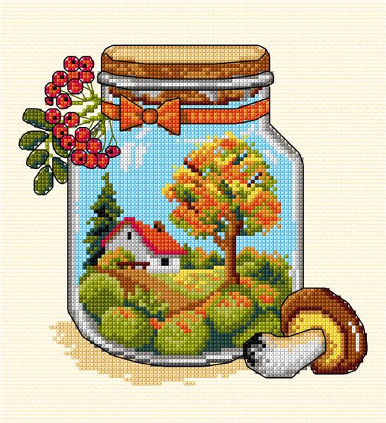 Complete counted cross-stitch kit featuring the Autumn Jar design with threads and fabric included.