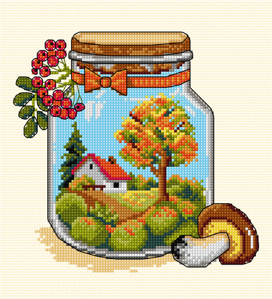 Complete counted cross-stitch kit featuring the Autumn Jar design with threads and fabric included.