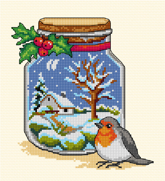 Complete counted cross-stitch kit 'Winter Jar' featuring cream aida fabric, 22 colors of cotton, and included needle and instructions.