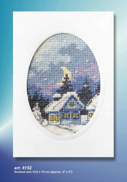 Complete cross stitch kit featuring a winter night design, including Zweigart aida fabric, DMC threads, blank card, envelope, and needle.