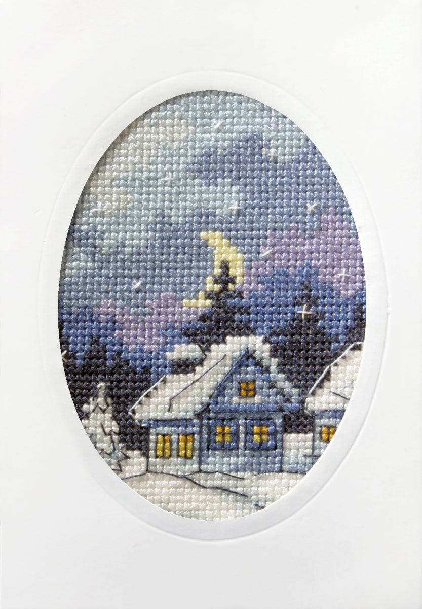 Complete cross stitch kit featuring a winter night design, including Zweigart aida fabric, DMC threads, blank card, envelope, and needle.