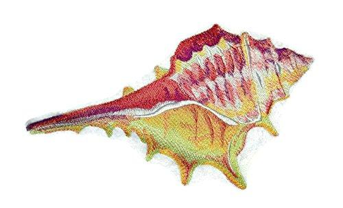 A vibrant watercolor embroidered patch featuring a conch shell, ideal for iron-on or sew-on applications, measuring 4.65" x 6.85".