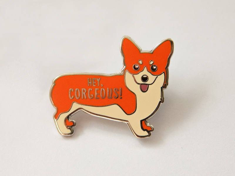 Corgi Hard Enamel Pin featuring a cute corgi design with the text 'Hey Corgeous!' on a silver metal background.