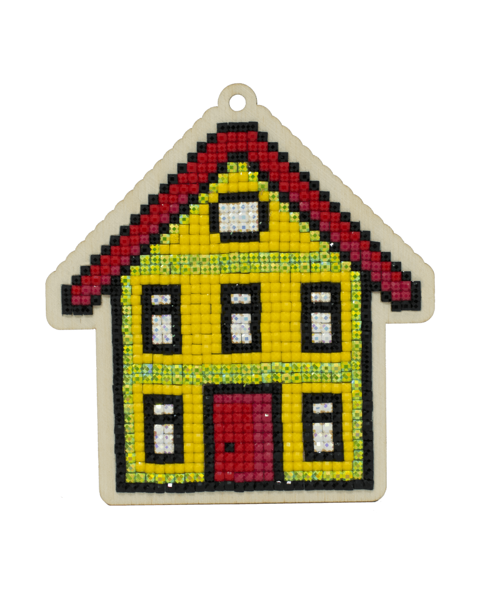 Cosy Home WWP383 Diamond Painting Kit featuring a plywood base, colorful acrylic rhinestones, and crafting tools.