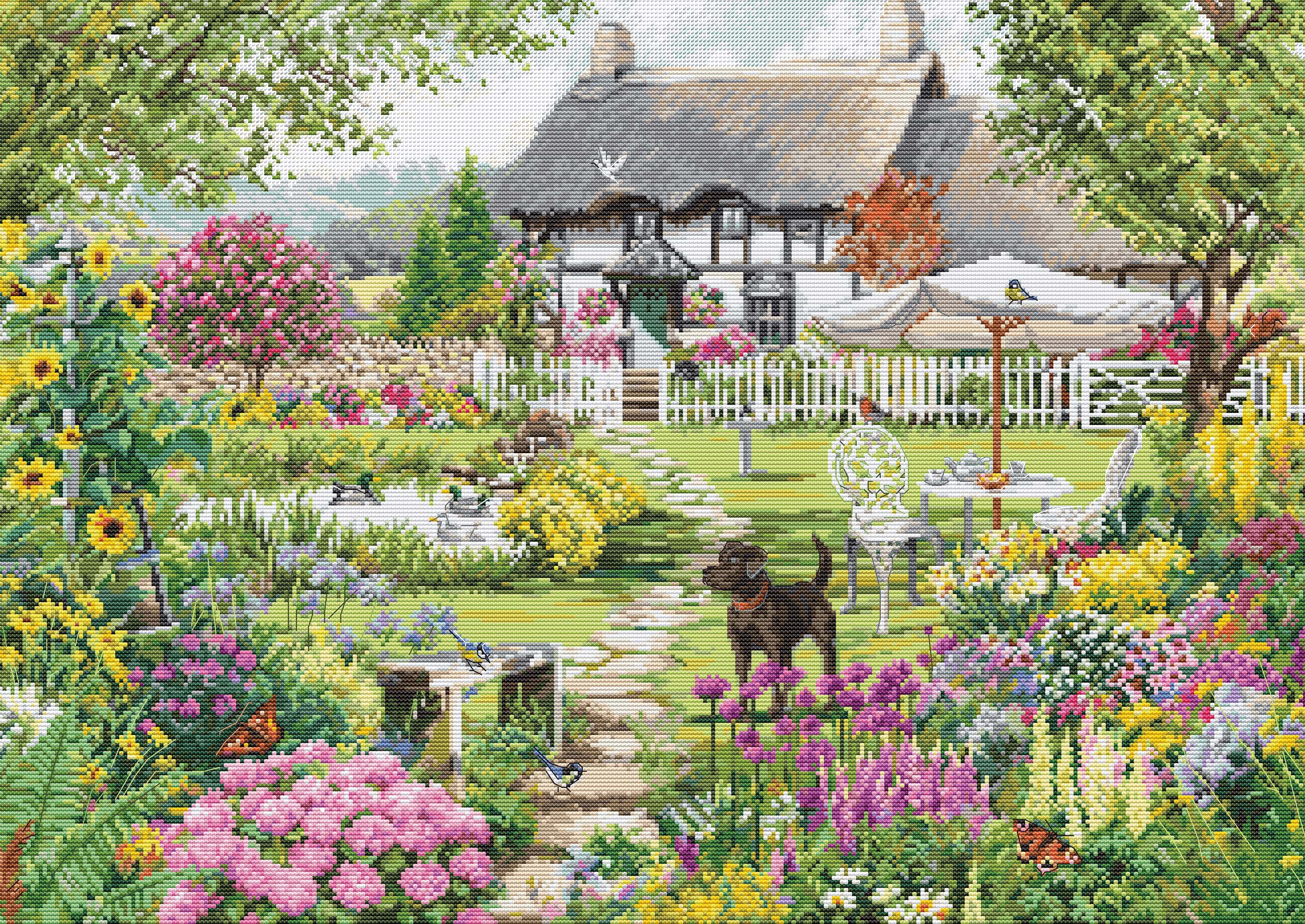 Cottage Garden B2412L Counted Cross-Stitch Kit featuring vibrant threads and Aida canvas.