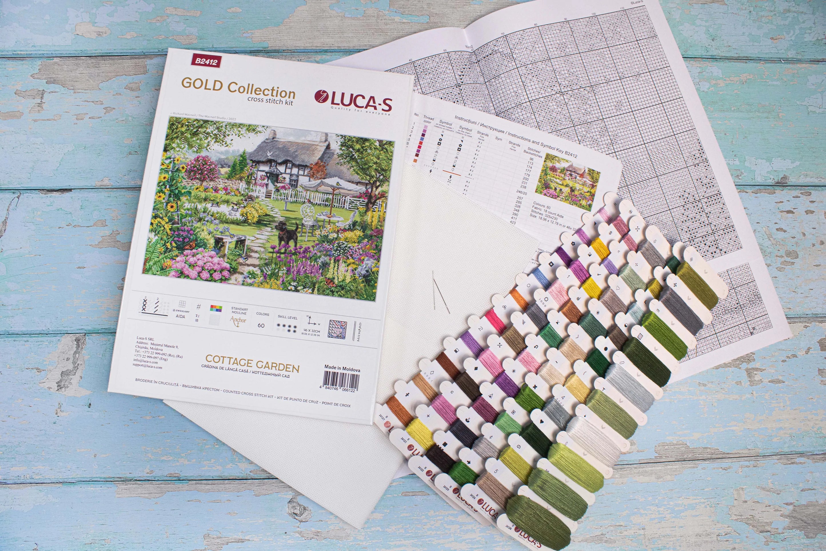 Cottage Garden B2412L Counted Cross-Stitch Kit featuring vibrant threads and Aida canvas.