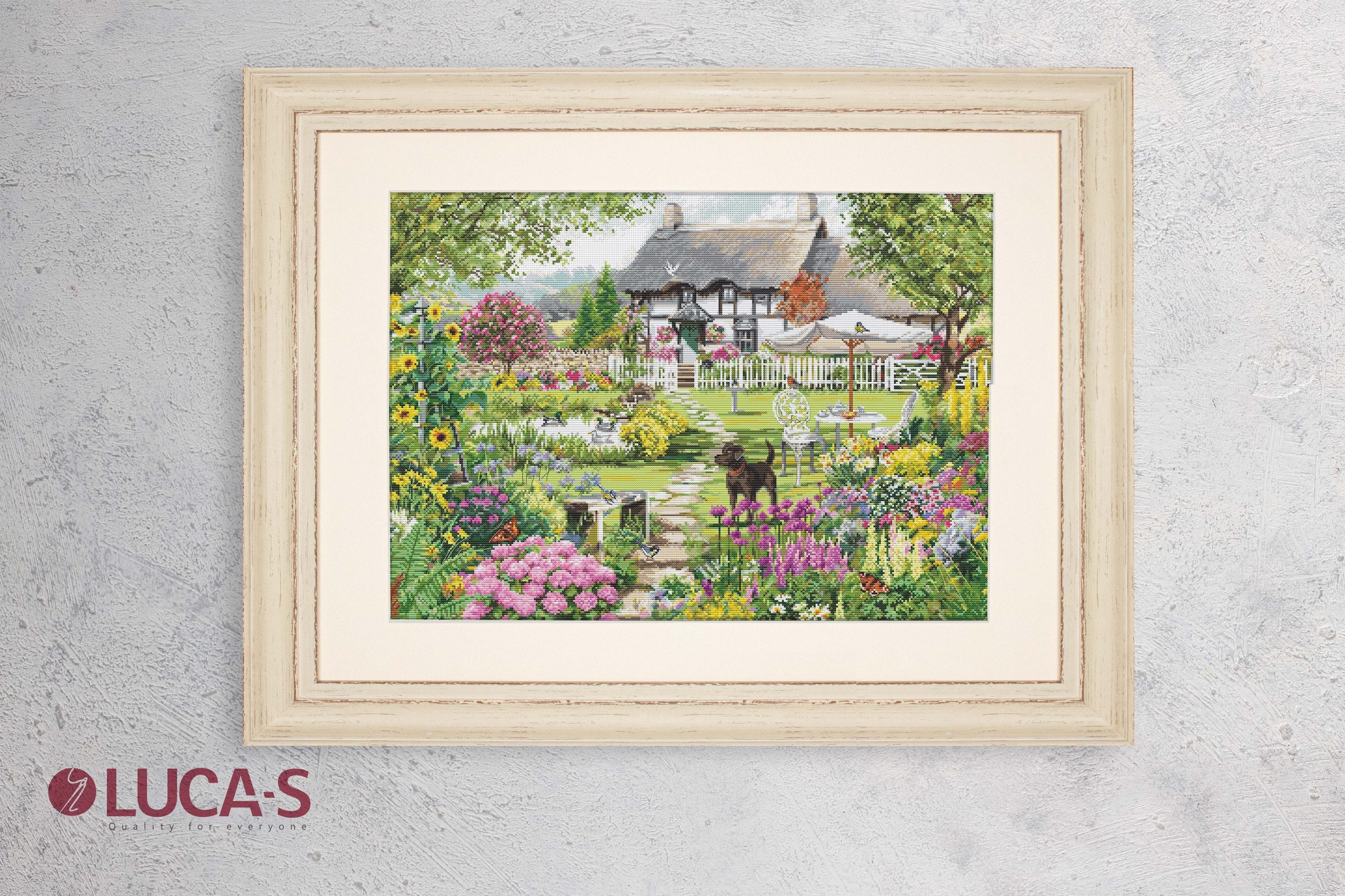 Cottage Garden B2412L Counted Cross-Stitch Kit featuring vibrant threads and Aida canvas.