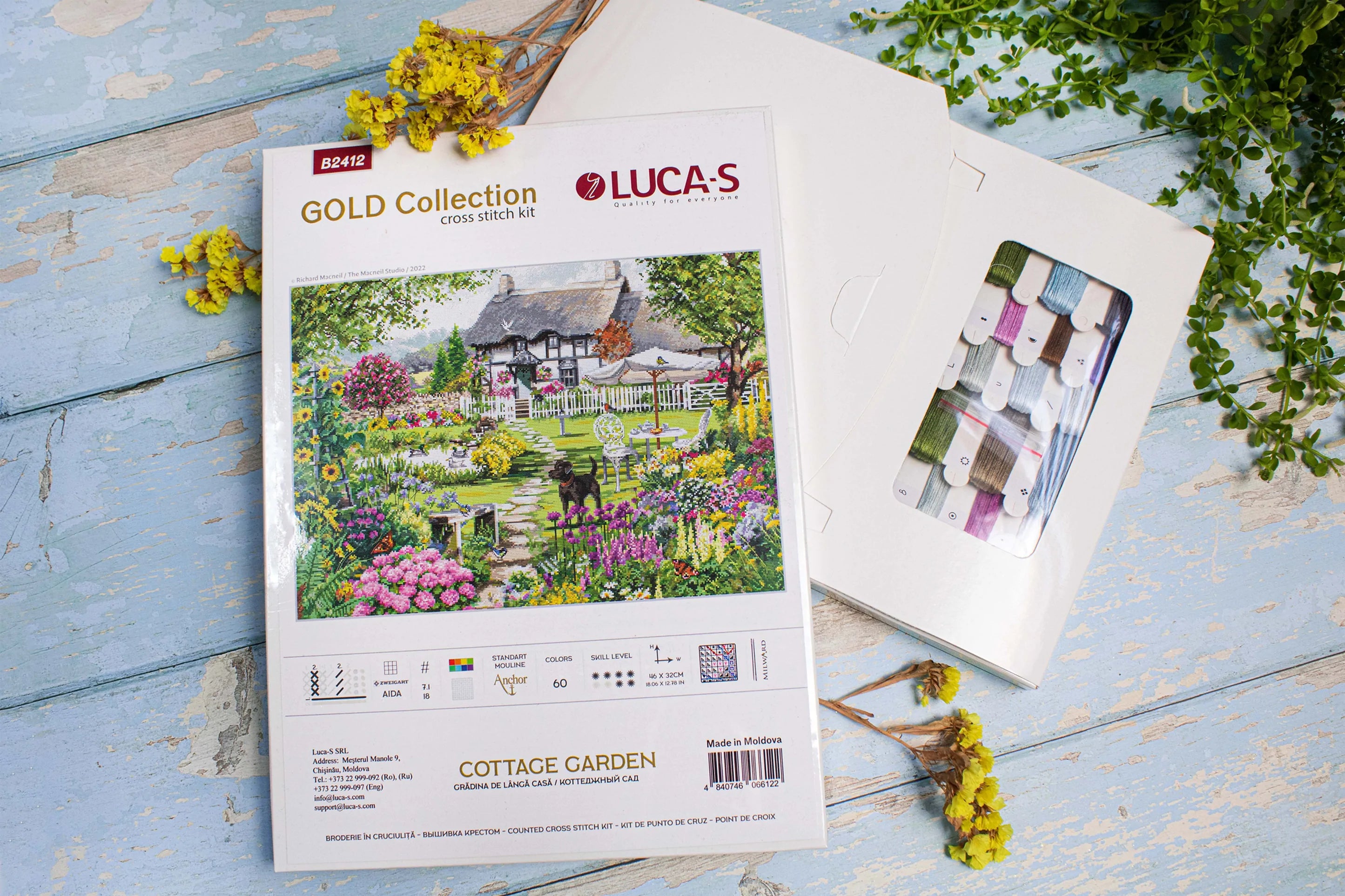 Cottage Garden B2412L Counted Cross-Stitch Kit featuring vibrant threads and Aida canvas.