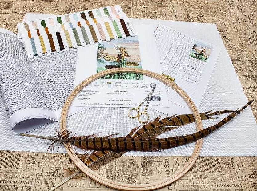 Counted Cross Stitch Kit featuring a barn owl design with vibrant threads and Aida canvas.