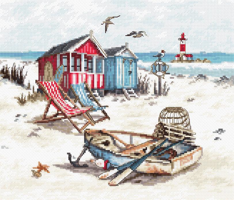 Counted Cross Stitch Kit Beach Leti972 featuring colorful threads, canvas, and needle for crafting beach-themed artwork.