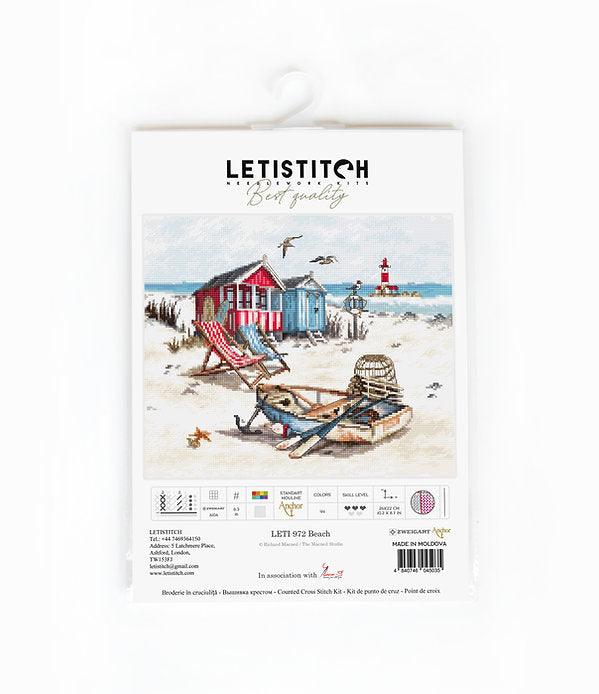 Counted Cross Stitch Kit Beach Leti972 featuring colorful threads, canvas, and needle for crafting beach-themed artwork.