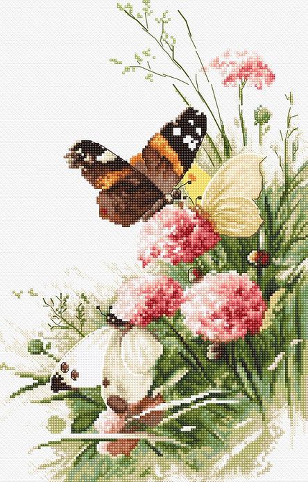 Counted Cross Stitch Kit featuring colorful butterflies in a field, includes canvas, threads, needle, and instructions.