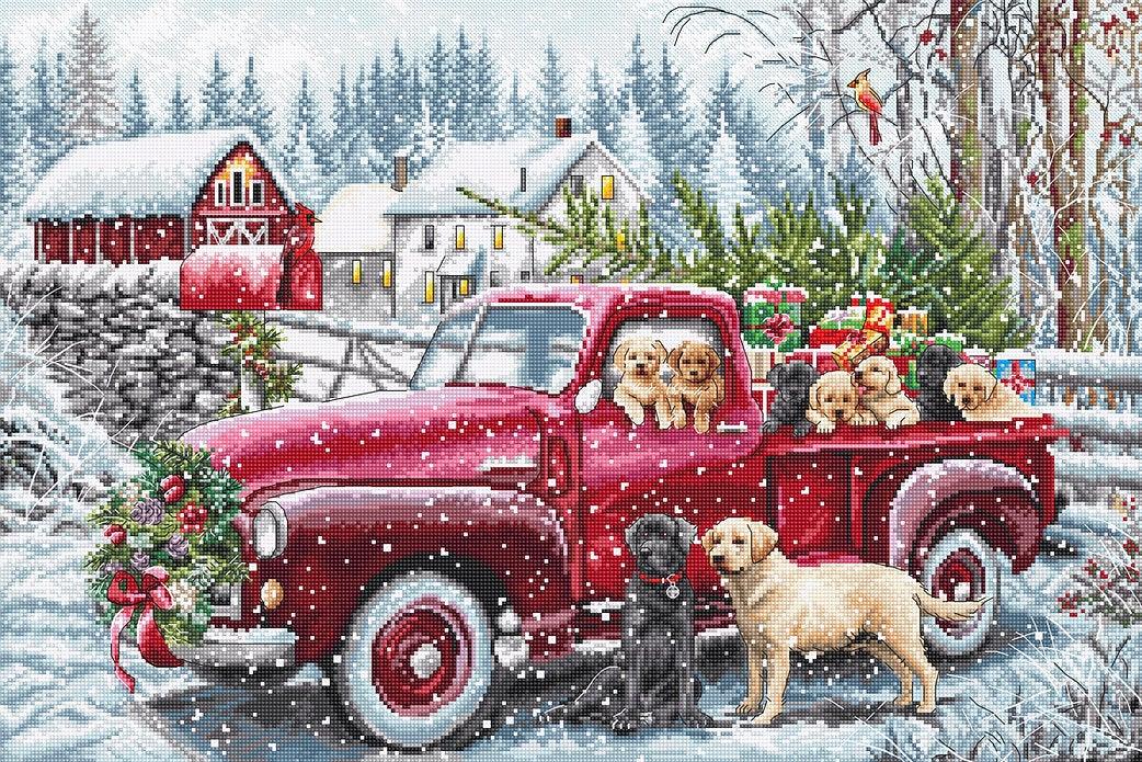 Counted Cross Stitch Kit Christmas delivery L8014 featuring vibrant colors, canvas, needle, and instructions for festive crafting.