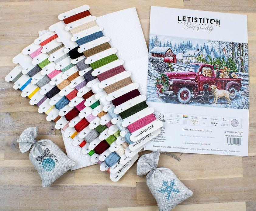 Counted Cross Stitch Kit Christmas delivery L8014 featuring vibrant colors, canvas, needle, and instructions for festive crafting.