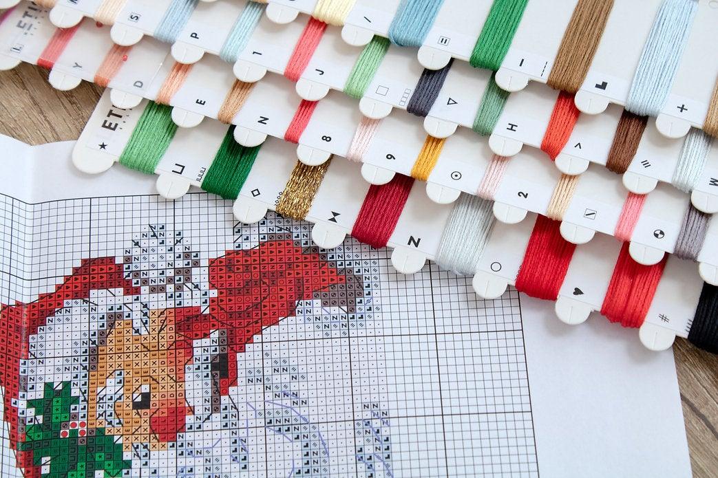 Counted Cross Stitch Kit Christmas Toys Kit 2 L8002 featuring colorful threads, Aida canvas, and needle for holiday crafting.