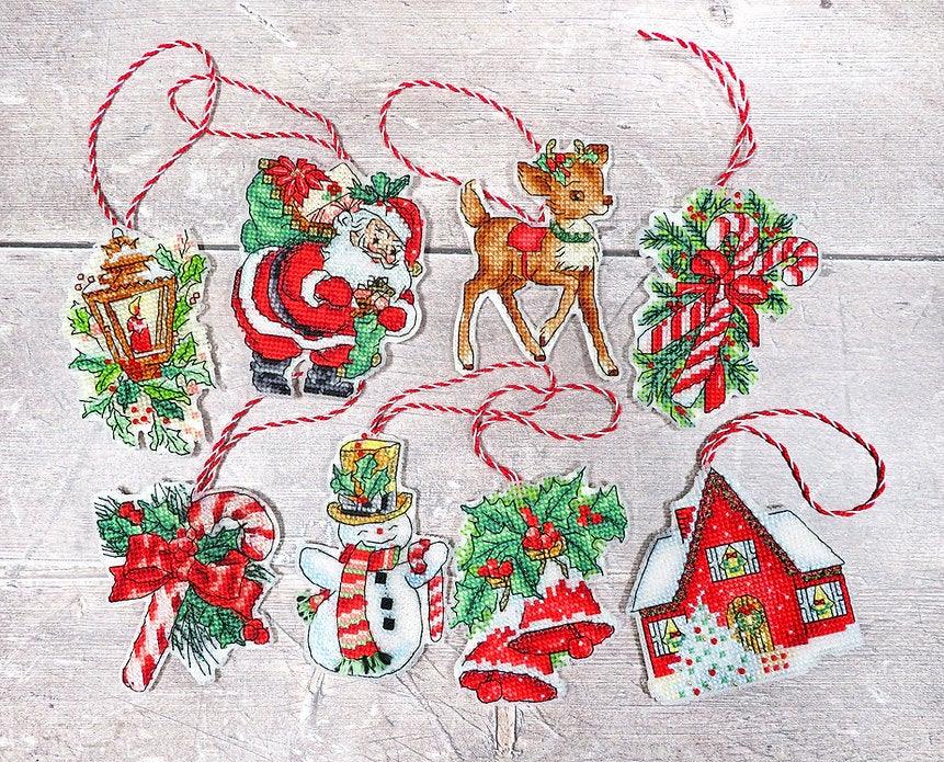 Counted Cross Stitch Kit Christmas toys kit nr.1 Leti966 featuring colorful threads, canvas, and accessories for holiday crafting.