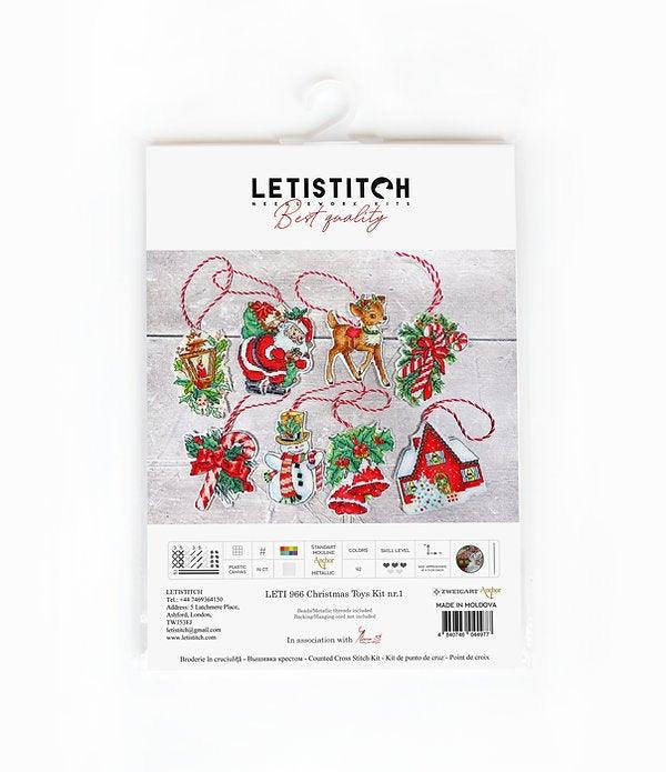 Counted Cross Stitch Kit Christmas toys kit nr.1 Leti966 featuring colorful threads, canvas, and accessories for holiday crafting.