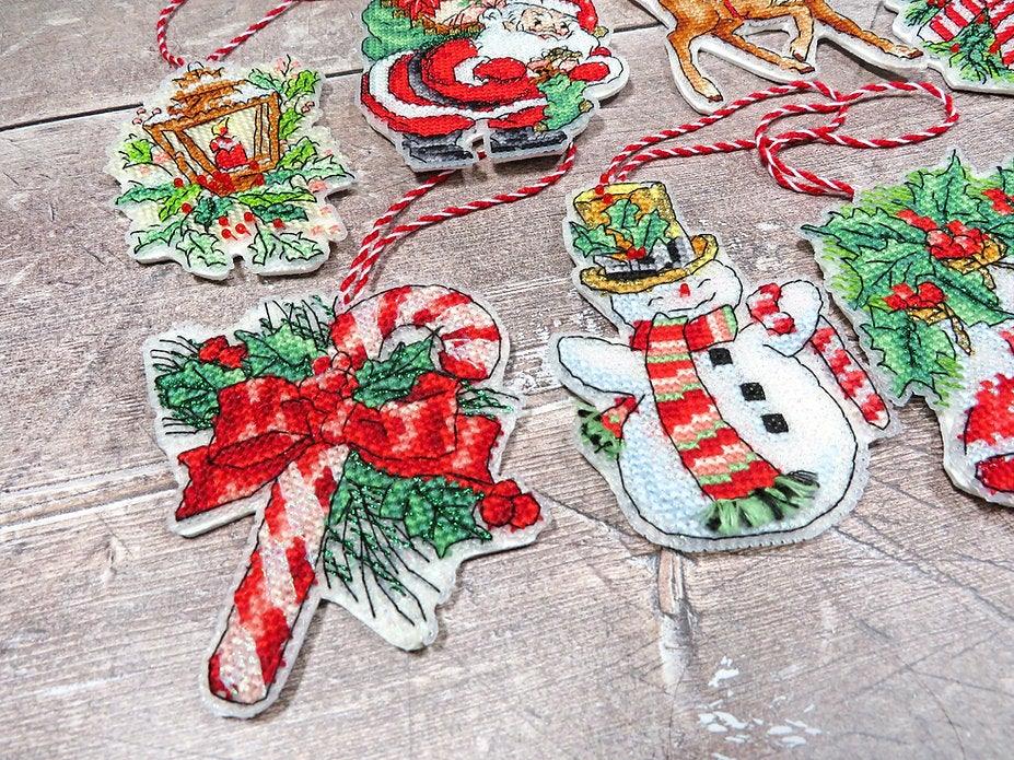 Counted Cross Stitch Kit Christmas toys kit nr.1 Leti966 featuring colorful threads, canvas, and accessories for holiday crafting.