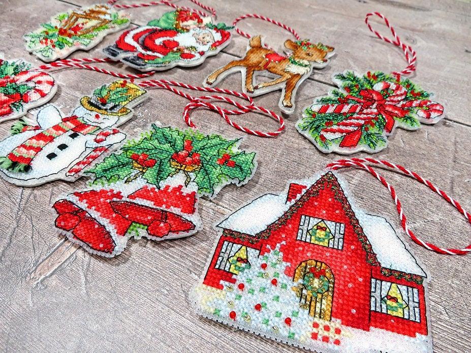 Counted Cross Stitch Kit Christmas toys kit nr.1 Leti966 featuring colorful threads, canvas, and accessories for holiday crafting.