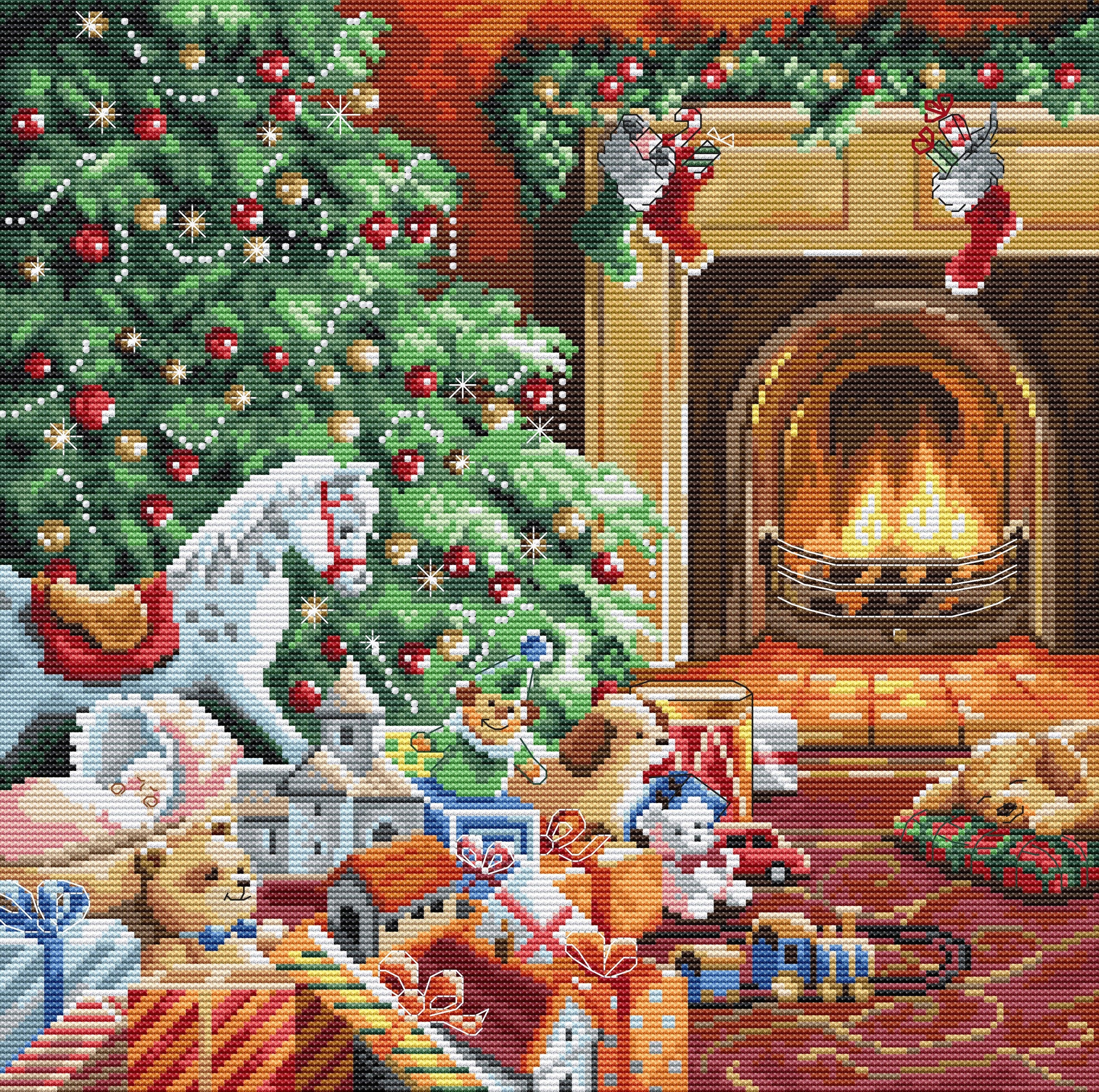 Counted Cross Stitch Kit Cozy Christmas L8009 featuring Aida canvas, colorful threads, and needle for festive stitching.