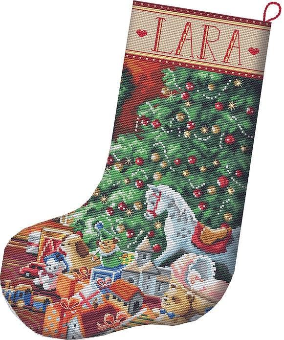 Counted Cross Stitch Kit Cozy Christmas Stocking L8010 with colorful threads and Aida canvas for festive embroidery.