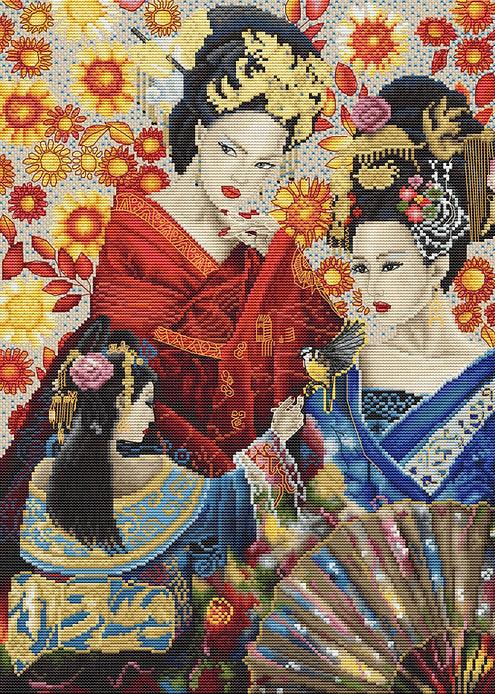 Counted Cross Stitch Kit Geisha Song L8018 featuring vibrant colors and detailed instructions on Aida canvas.