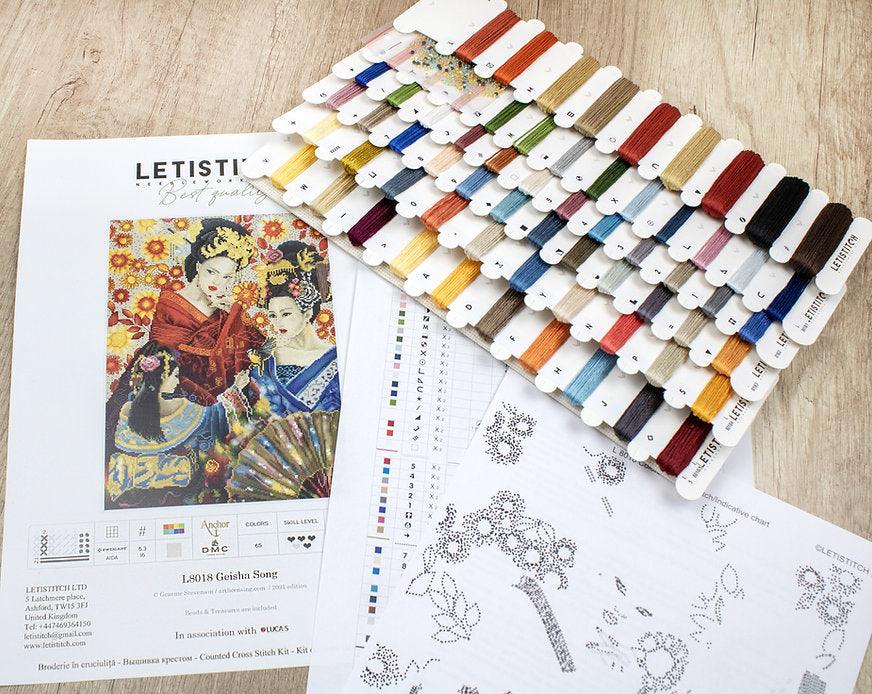 Counted Cross Stitch Kit Geisha Song L8018 featuring vibrant colors and detailed instructions on Aida canvas.