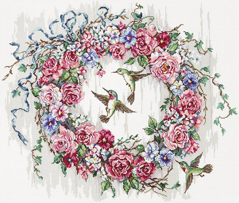 Counted Cross Stitch Kit featuring a Hummingbird Wreath design with vibrant colors and high-quality materials.