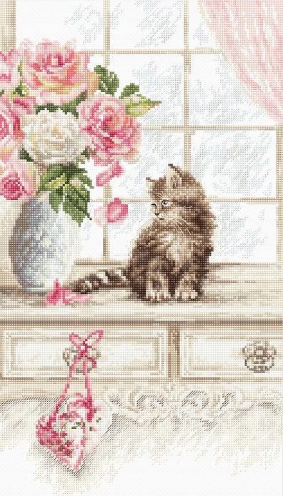 Counted Cross Stitch Kit Kitten Leti976 featuring a canvas, DMC threads, needle, and instructions.