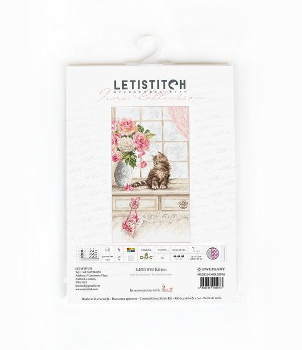 Counted Cross Stitch Kit Kitten Leti976 featuring a canvas, DMC threads, needle, and instructions.