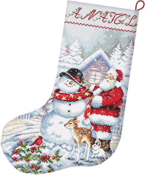 Counted Cross Stitch Kit featuring a Snowman and Santa design, includes colorful threads and canvas.