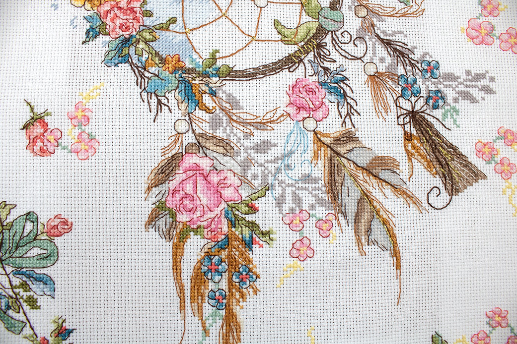 Counted Cross Stitch Kit Spring Dreams L8035 featuring colorful threads, canvas, and needle for crafting.