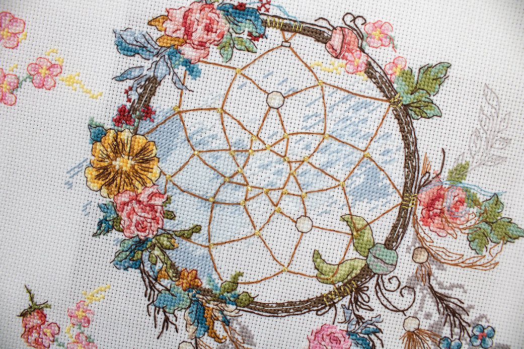 Counted Cross Stitch Kit Spring Dreams L8035 featuring colorful threads, canvas, and needle for crafting.