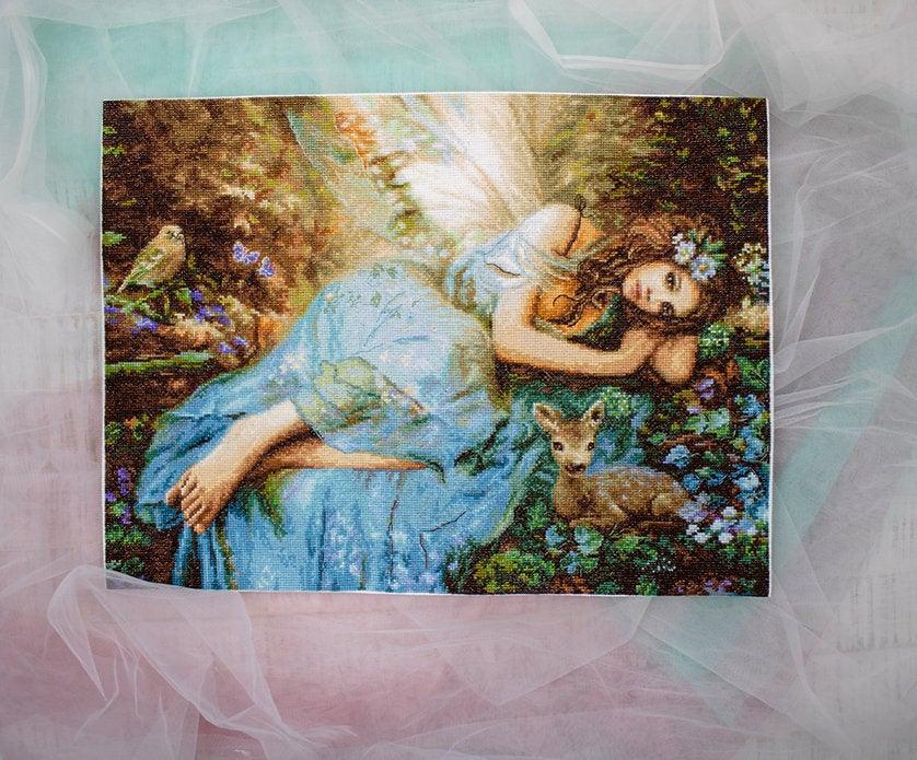 Counted Cross Stitch Kit Spring Fairy Leti960 featuring vibrant threads and canvas for crafting.