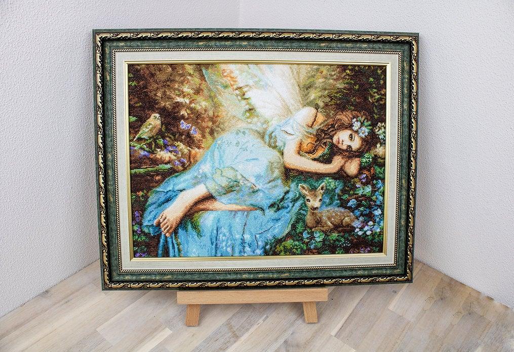 Counted Cross Stitch Kit Spring Fairy Leti960 featuring vibrant threads and canvas for crafting.