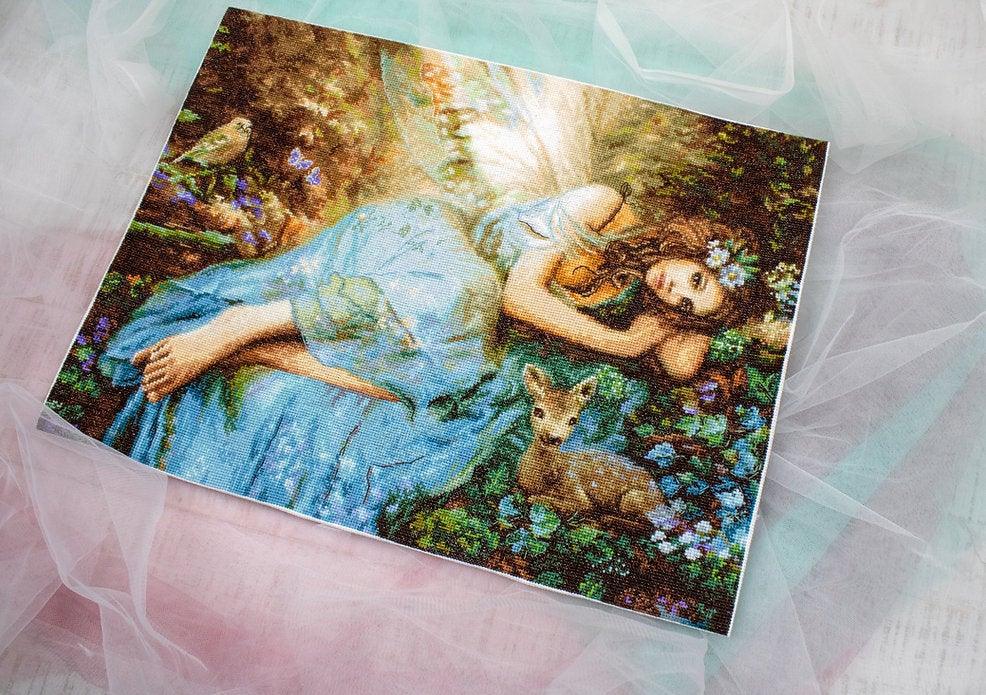 Counted Cross Stitch Kit Spring Fairy Leti960 featuring vibrant threads and canvas for crafting.