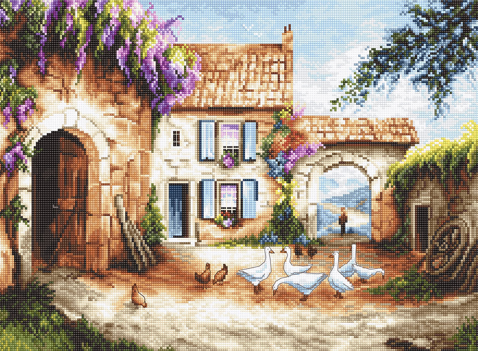 Counted Cross Stitch Kit Village Leti902 with canvas, threads, needle, and instructions, showcasing vibrant colors and intricate design.