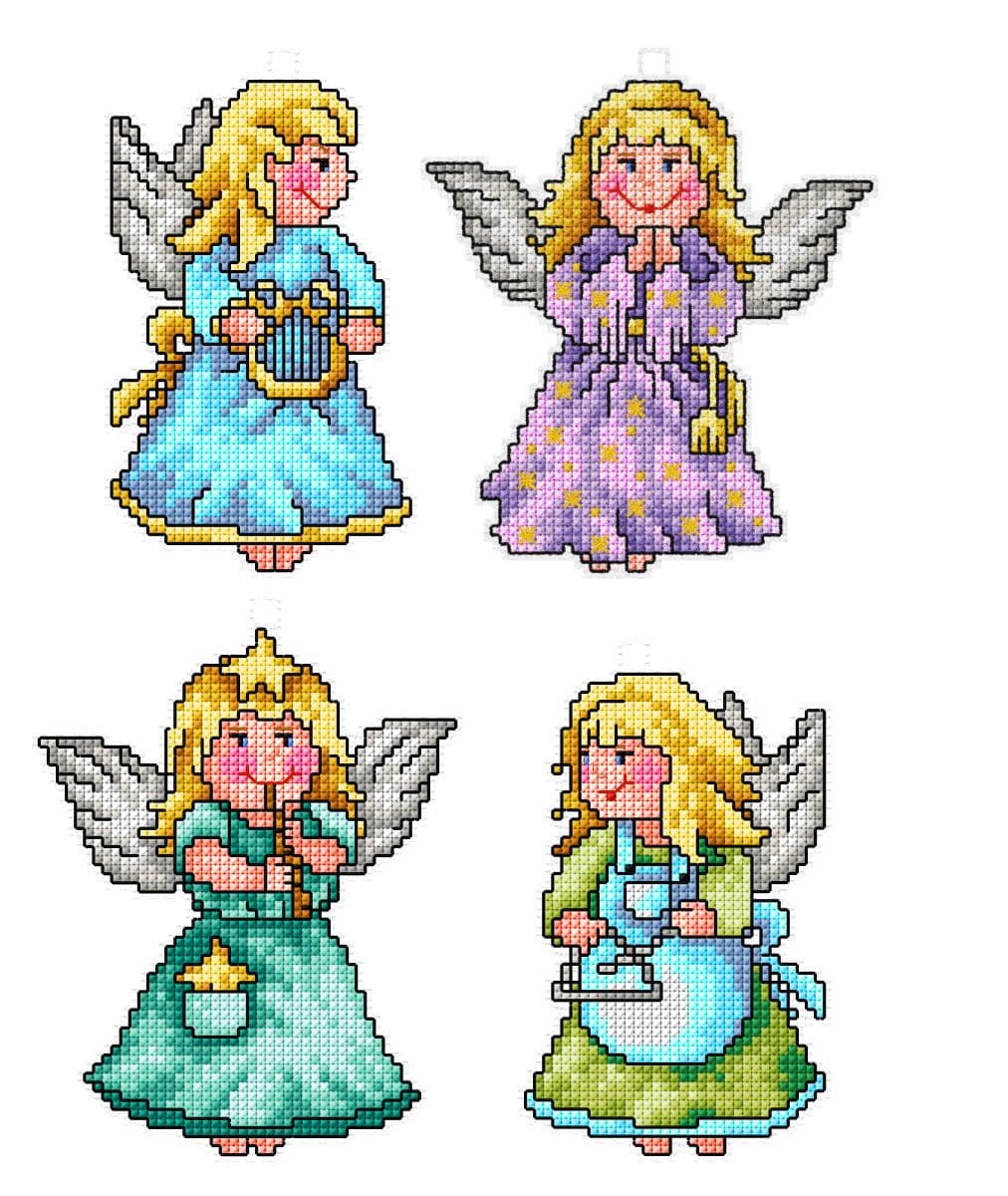 Counted cross stitch kit featuring 4 angel designs on plastic canvas with DMC stranded cotton and needle.