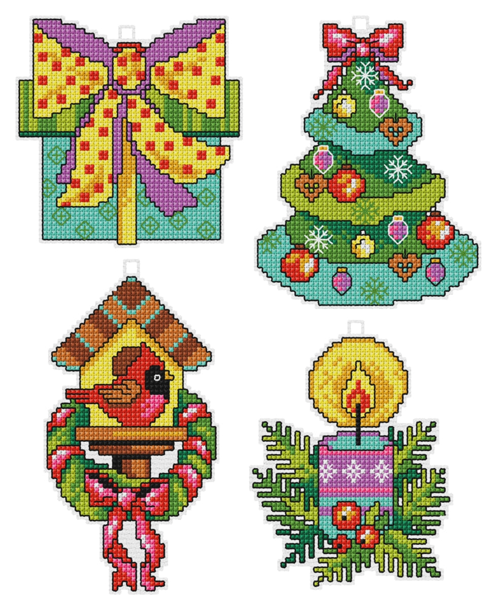 Counted cross stitch kit 'Christmas Time' featuring plastic canvas and DMC cotton, includes 4 festive designs for holiday crafting.