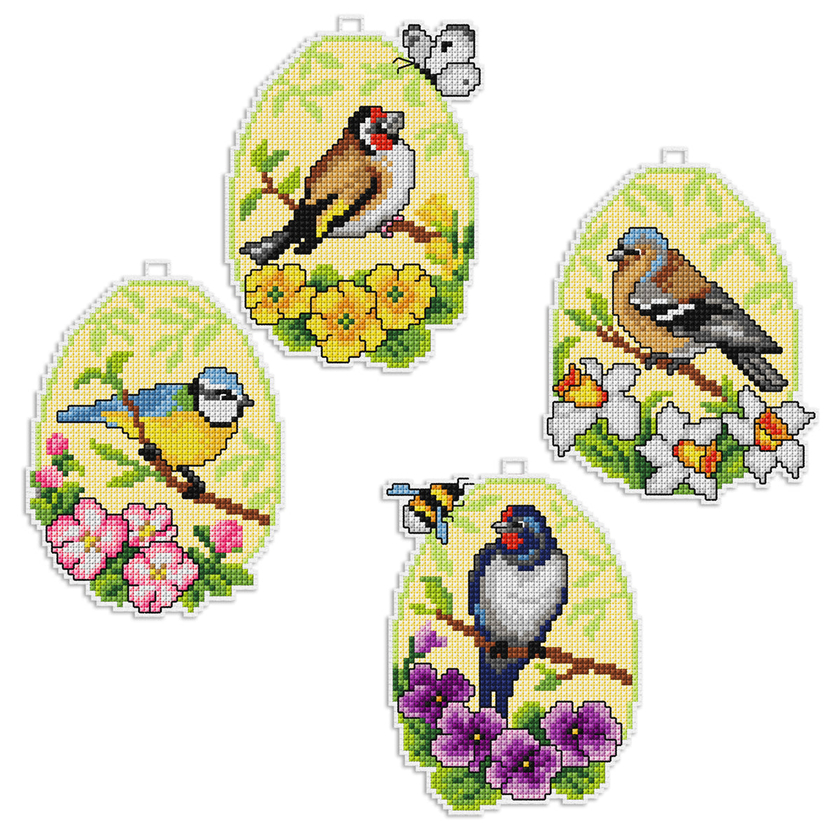 Counted cross stitch kit featuring Easter eggs and birds design, including plastic canvas, DMC threads, and needle.