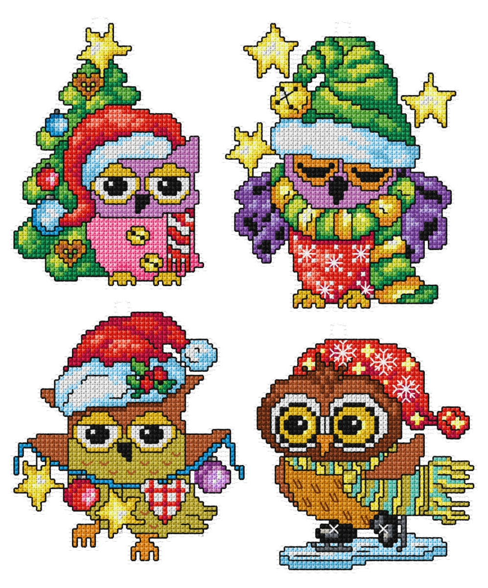 Counted cross stitch kit featuring four owl designs on plastic canvas with DMC threads and needle.