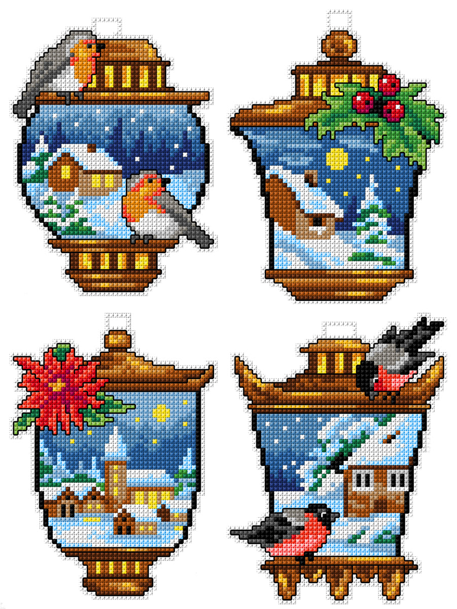 Counted cross stitch kit 'Winter Lantern' featuring plastic canvas, DMC cotton, and colorful threads for seasonal ornaments.