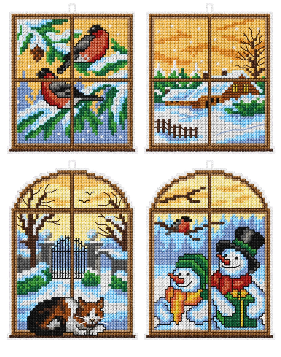 Counted cross stitch kit 'Winter Windows' featuring plastic canvas, DMC threads, and seasonal ornament designs.