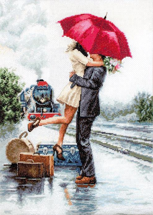 Couple on Train Station B2369L Counted Cross-Stitch Kit featuring vibrant colors and detailed design by Richard Macheil.