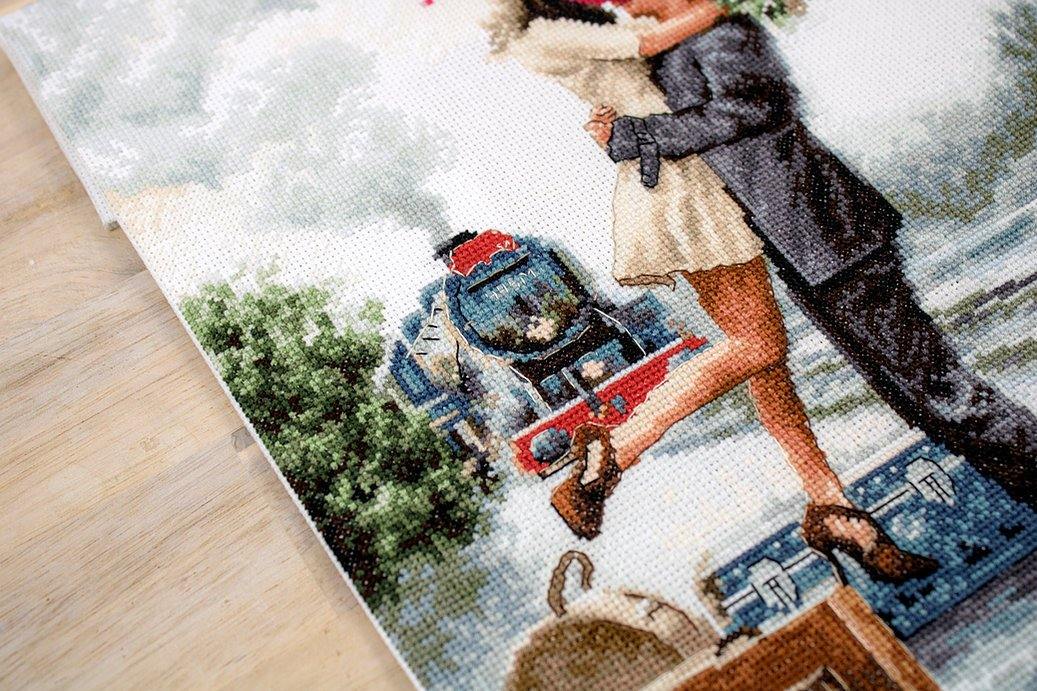 Couple on Train Station B2369L Counted Cross-Stitch Kit featuring vibrant colors and detailed design by Richard Macheil.