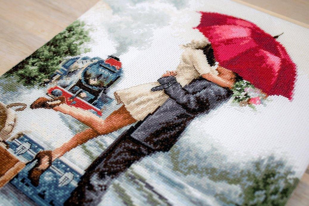 Couple on Train Station B2369L Counted Cross-Stitch Kit featuring vibrant colors and detailed design by Richard Macheil.